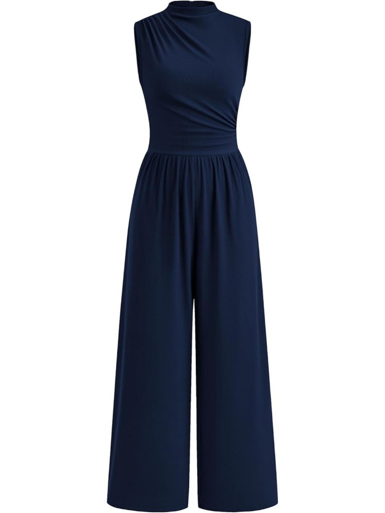 Women's Jumpsuit Navy Mock Neck Casual Sleeveless Outfit Wide Leg Pocket Rompers